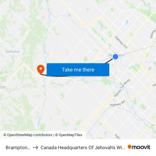 Brampton Go to Canada Headquarters Of Jehovah's Witnesses map