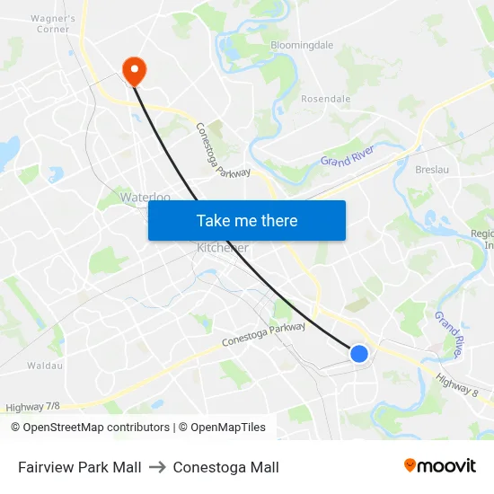 Fairview Park Mall to Conestoga Mall map