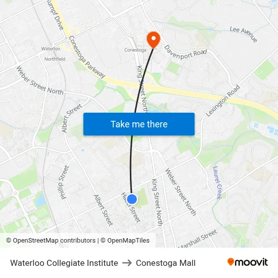 Waterloo Collegiate Institute to Conestoga Mall map