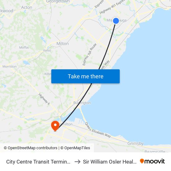 City Centre Transit Terminal Platform K to Sir William Osler Health Institute map