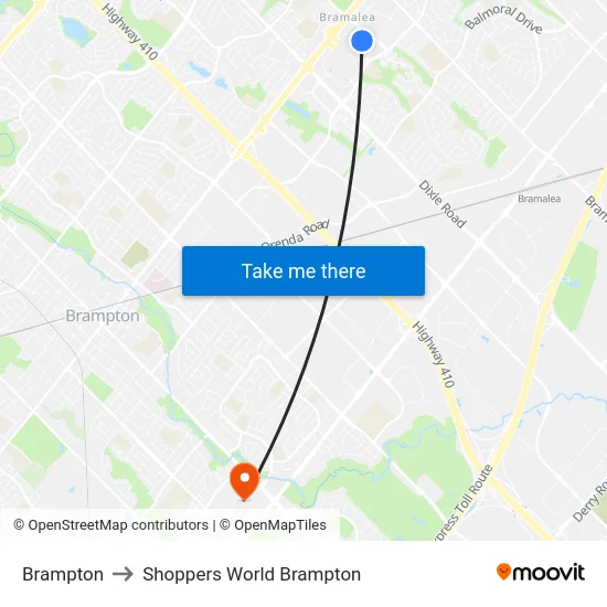 Brampton to Shoppers World Brampton map