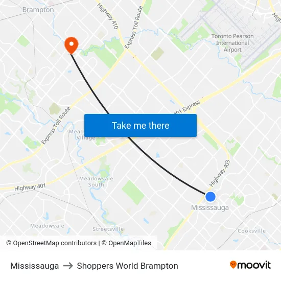 Mississauga to Shoppers World Brampton map