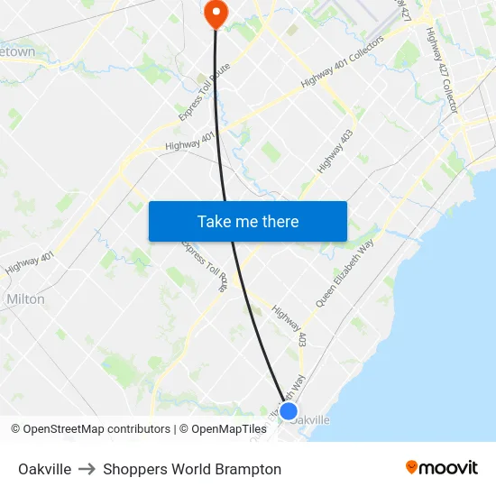 Oakville to Shoppers World Brampton map