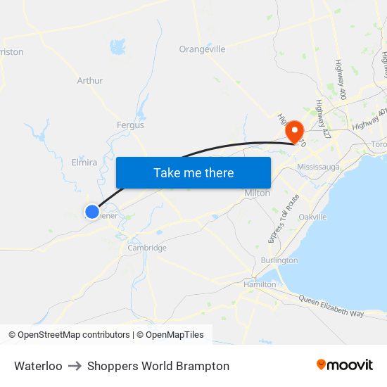 Waterloo to Shoppers World Brampton map