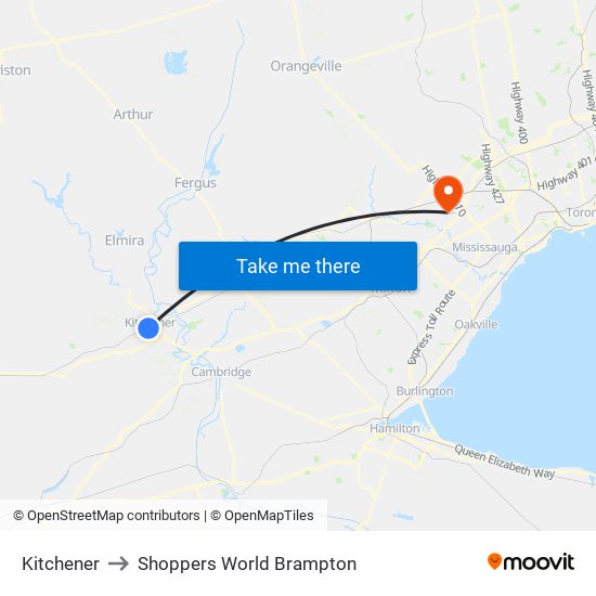 Kitchener to Shoppers World Brampton map