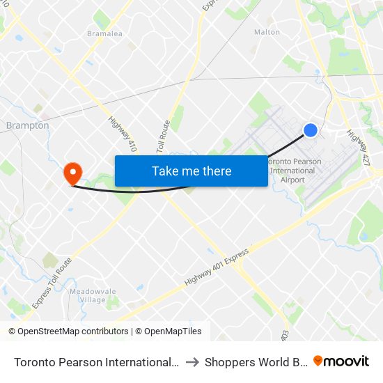 Toronto Pearson International Airport (Yyz) to Shoppers World Brampton map