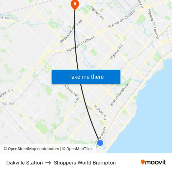 Oakville Station to Shoppers World Brampton map