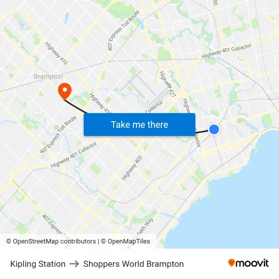 Kipling Station to Shoppers World Brampton map