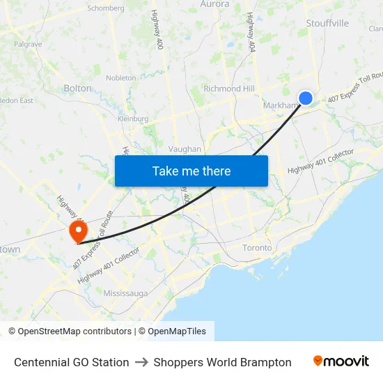 Centennial GO Station to Shoppers World Brampton map
