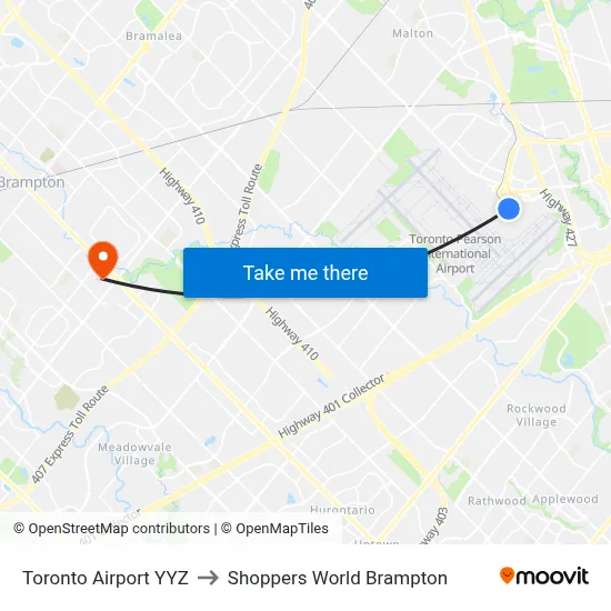 Toronto Airport YYZ to Shoppers World Brampton map