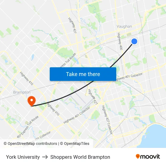 York University to Shoppers World Brampton map