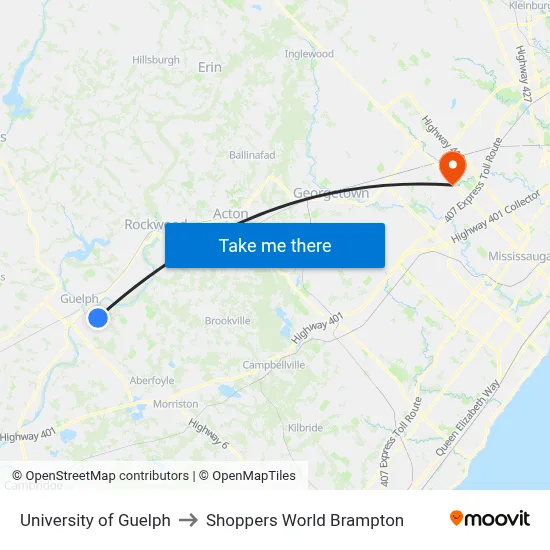 University of Guelph to Shoppers World Brampton map