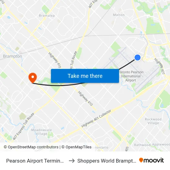 Pearson Airport Terminal 3 to Shoppers World Brampton map