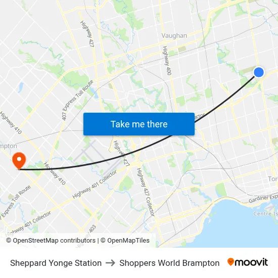 Sheppard Yonge Station to Shoppers World Brampton map
