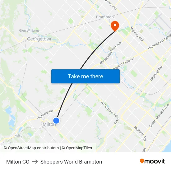 Milton GO to Shoppers World Brampton map