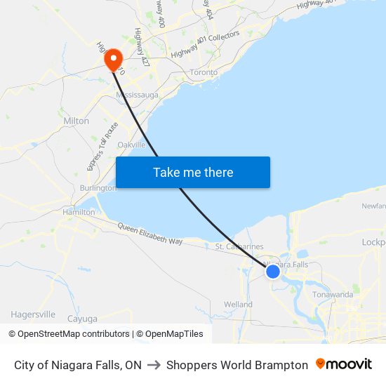 City of Niagara Falls, ON to Shoppers World Brampton map