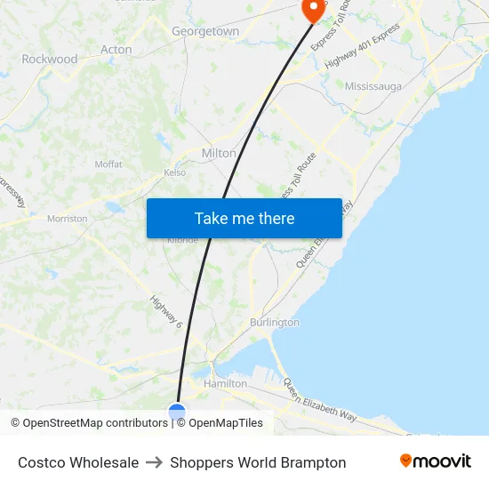 Costco Wholesale to Shoppers World Brampton map