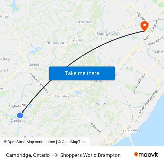 Cambridge, Ontario to Shoppers World Brampton map