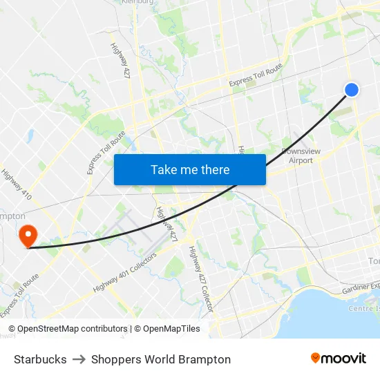 Starbucks to Shoppers World Brampton map