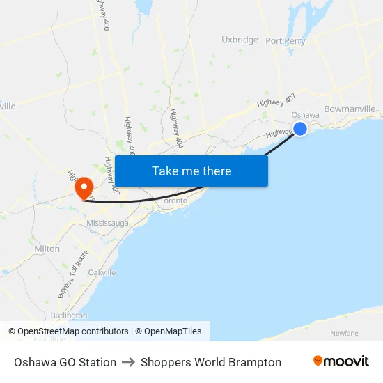 Oshawa GO Station to Shoppers World Brampton map