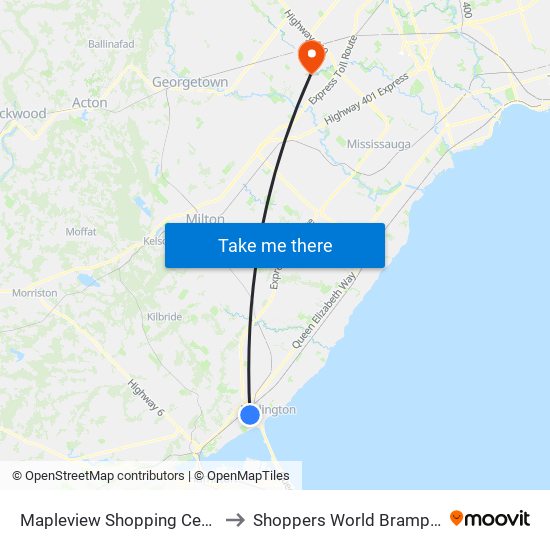 Mapleview Shopping Centre to Shoppers World Brampton map