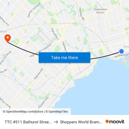 TTC #511 Bathurst Streetcar to Shoppers World Brampton map