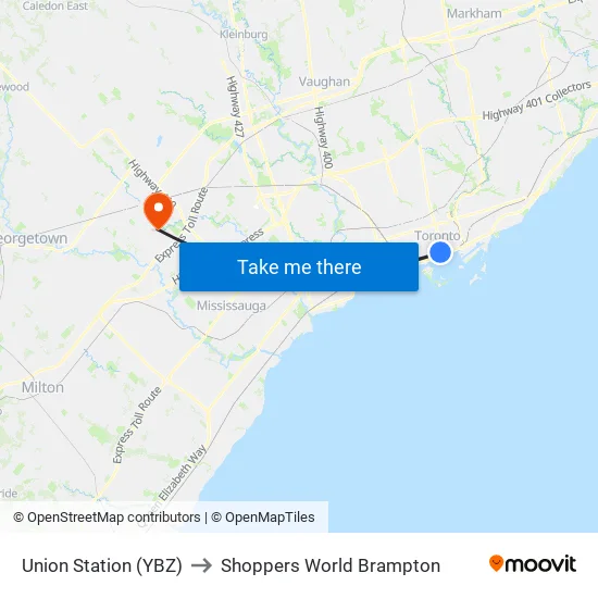Union Station (YBZ) to Shoppers World Brampton map