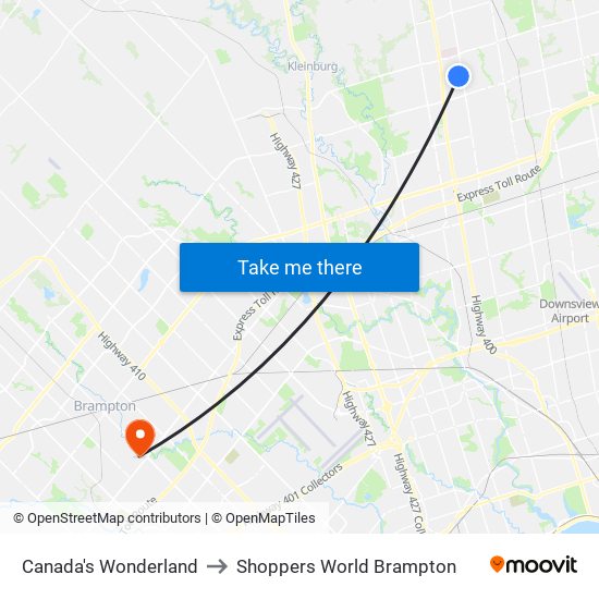 Canada's Wonderland to Shoppers World Brampton map