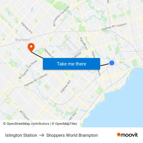 Islington Station to Shoppers World Brampton map