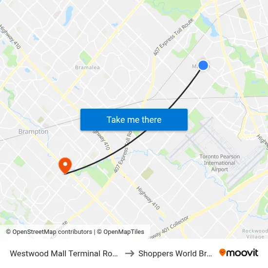 Westwood Mall Terminal Route 5 Stop to Shoppers World Brampton map