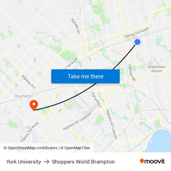 York University to Shoppers World Brampton map