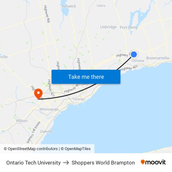 Ontario Tech University to Shoppers World Brampton map