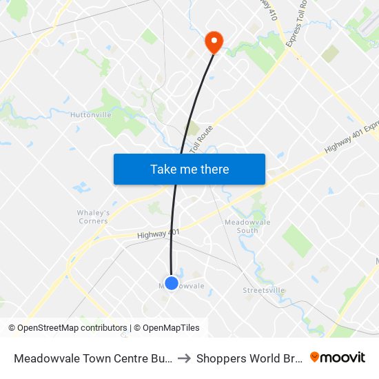 Meadowvale Town Centre Bus Terminal to Shoppers World Brampton map