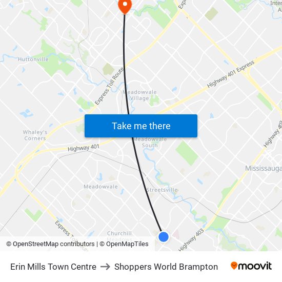 Erin Mills Town Centre to Shoppers World Brampton map