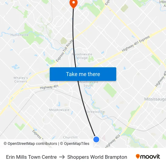Erin Mills Town Centre to Shoppers World Brampton map