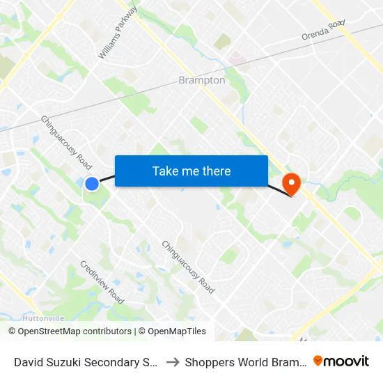 David Suzuki Secondary School to Shoppers World Brampton map