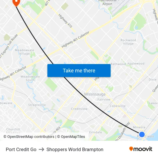 Port Credit Go to Shoppers World Brampton map