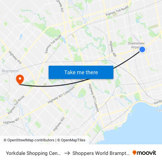 Yorkdale Shopping Centre to Shoppers World Brampton map