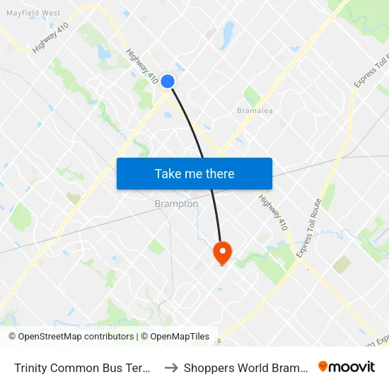 Trinity Common Bus Terminal to Shoppers World Brampton map