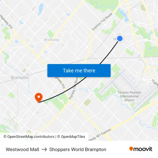 Westwood Mall to Shoppers World Brampton map