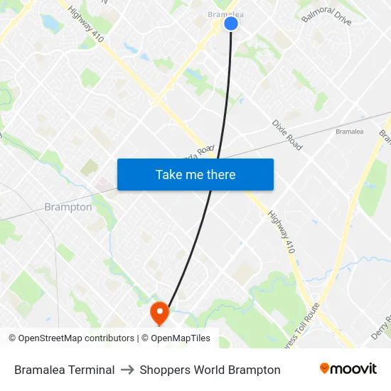 Bramalea Terminal to Shoppers World Brampton map