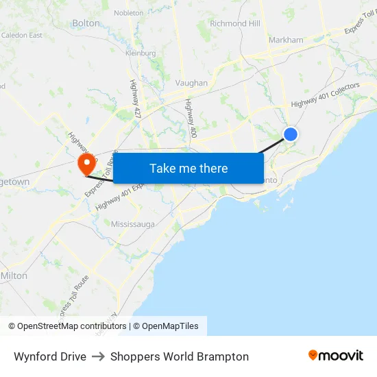 Wynford Drive to Shoppers World Brampton map