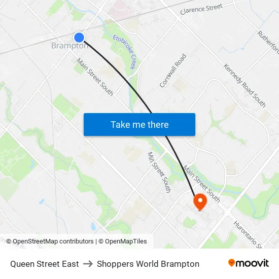 Queen Street East to Shoppers World Brampton map