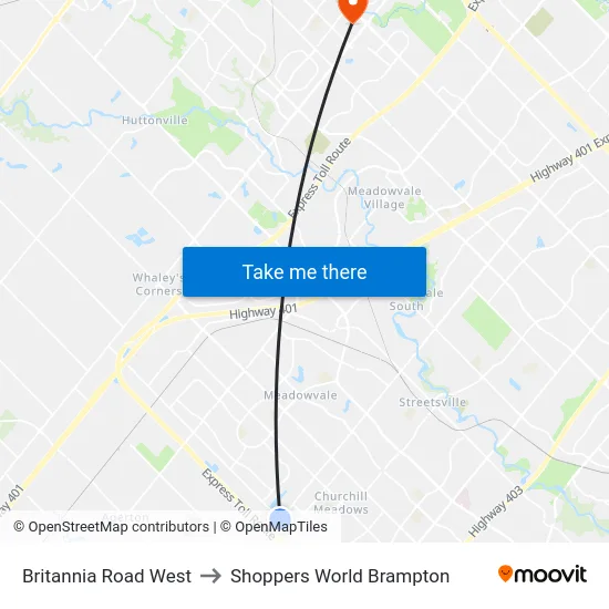 Britannia Road West to Shoppers World Brampton map