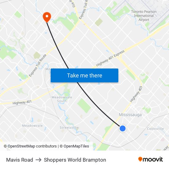 Mavis Road to Shoppers World Brampton map