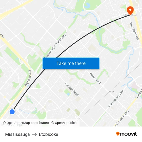 Mississauga to Etobicoke map