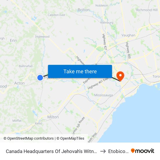 Canada Headquarters Of Jehovah's Witnesses to Etobicoke map