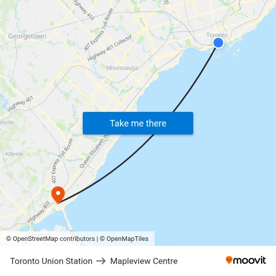 Toronto Union Station to Mapleview Centre map