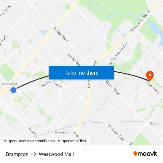 Brampton to Westwood Mall map