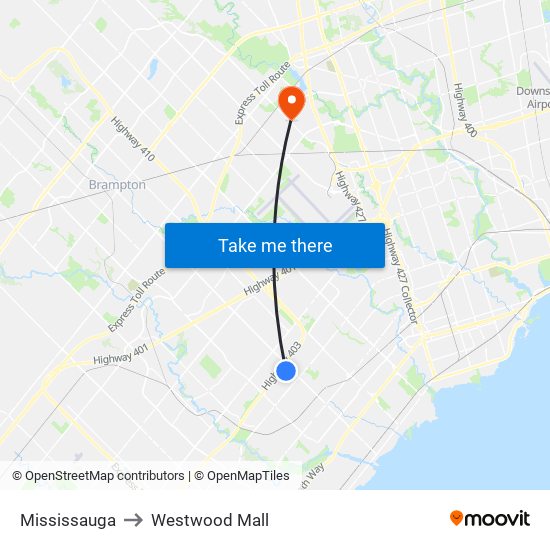 Mississauga to Westwood Mall map